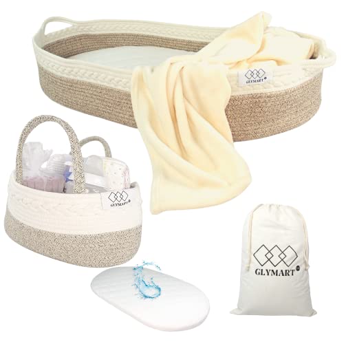 Image of Baby Changing Basket-Diaper Caddy Organizer-Thick Foam Soft Pad & Waterproof Cover w/an Ultrasoft Blanket-Changing Table Topper-6 Piece Set