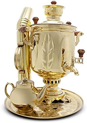 Russian Samovar on coal, charcoal, firewood 5 liters "Gold leaf" in a set of "Present" with ceramic teapot, brass tray, pipe