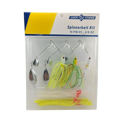 Luck E Strike 3/8 OZ Spinner Baits with Hook Trailers (3 Spinnerbaits & 12 Plastic Trailers) Premium Bass Fishing Lures 15 Piece Lure Kit