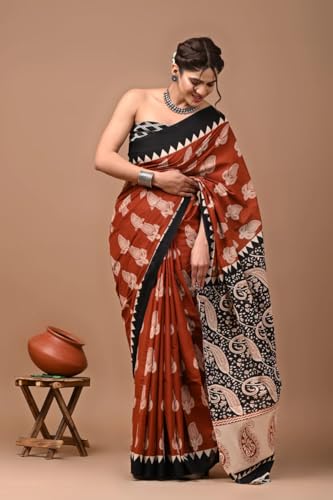 Image of Crafts Moda Hand Block Ajrakh Print Cotton Saree for women with Blouse | Soft comfortable wear sari