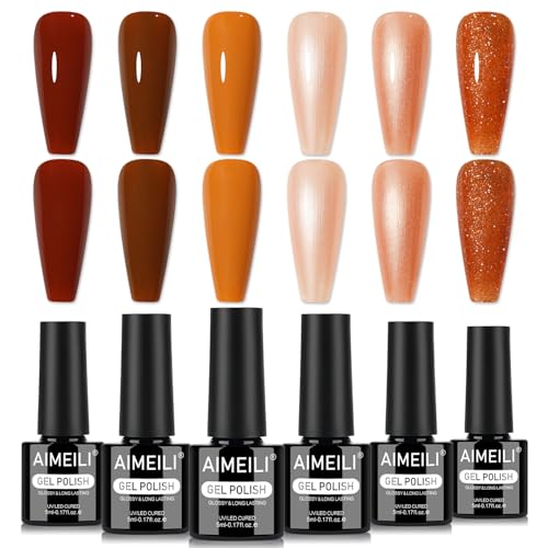 AIMEILI Esmaltes Semipermanentes Para Uñas Gel Polish Kit uñas Semipermanentes UV LED Nail Polish 6 Botellas Glitter Autumn Winter Brown Color Nail Art DIY Home Salon Manicure 5ML-Set 100