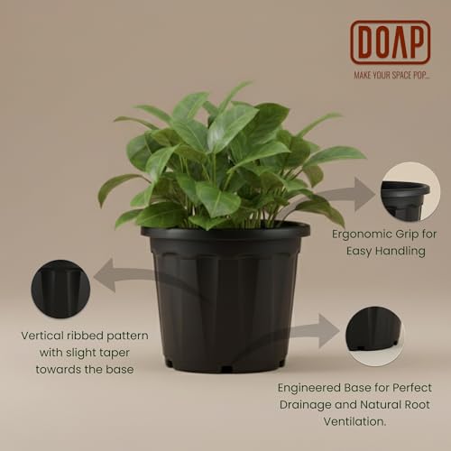 Image of DOAP UV Protected 12 Inch Plastic Garden Large Flower Pots, Terracotta Color, Pack of 7, Indoor & Outdoor Balcony Planter, 12x10 Inch Gamla, Weather Proof, Non-Fading, Lightweight (7, Black)