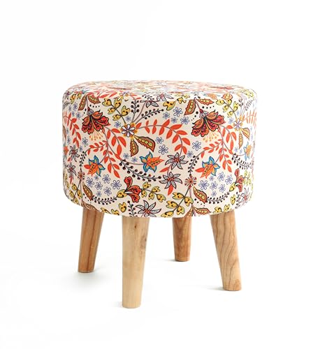 Image of NACIA Velvet Printed Ottoman Chair with Stool Combo | Dressing Table Chair for Bedroom Makeup Room Decor | Modern Upholstered Ottoman with Wooden Legs for Home (18x18x32 Inches, Baby Pink Leaf)