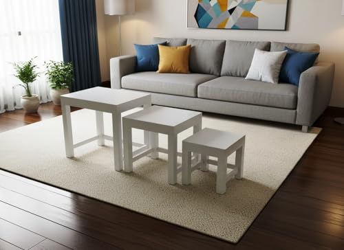 Image of Wooden Sheesham Wood Nesting Table Set of 3 Stools for Living Room | Side Table for Home & Kitchen | White Finish