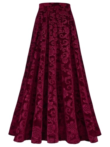 JEATHA High Waisted Maxi Skirts for Women Vintage Floral Jacquard Skirt A-Line Casual Flowy Long Velvet Skirt2