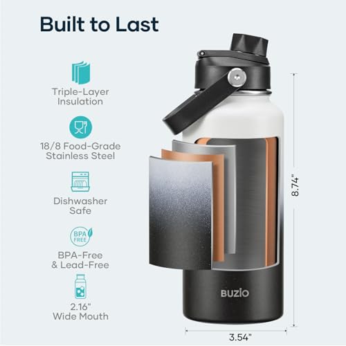 Image of BUZIO Insulated Stainless Steel Water Bottle 32 oz with Straw & Spout Lids