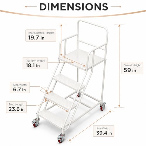 Image of 4 Step Rolling Ladder with Handrails, 880 lbs Capacity Heavy Duty Steel Mobile Warehouse Ladder with Locking Wheels, Non-Slip Rolling Stairs with Large Platform for Garage, Stockroom, Library