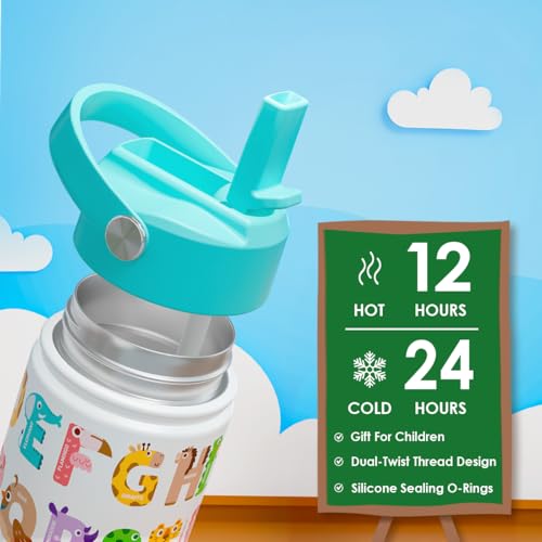 Image of SANDJEST Alphabet Kids Water Bottle with Straw Lid 12oz Insulated Stainless Steel, Travel Tumbler, Animal Gifts for Boys Girls, Birthday, Christmas, Back to School