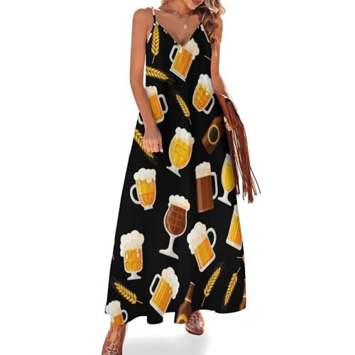 MoBlinko Spaghetti Strap Dresses for Women Black Beer Wheat V-Neck Sleeveless Maxi Dresses Loose Casual Summer Dress S