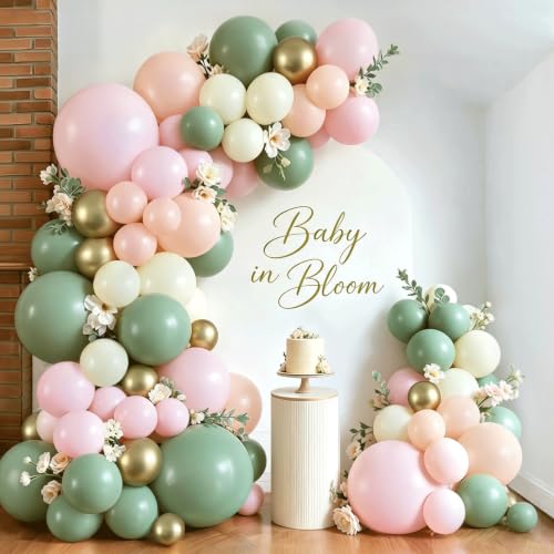 Image of Zesliwy Green Cream White Pink Gold Balloon Arch Kit, Latex, Party Decor