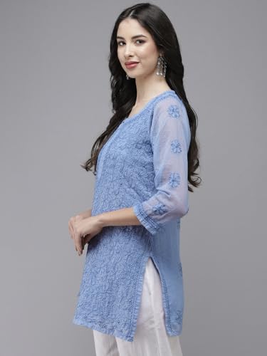 Image of Ada Women's Cotton Blend Regular Fit Tunic Hand Embroidered Lucknowi Chikankari Kota Western Top Kurti With Slip A911184