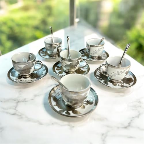 Image of Premium Ceramic Tea Set - 18 PCS | Elegant Gold-Plated Tea Cup Set with 6 Cups, 6 Saucers, 6 Spoons | Ideal for Home, Office, and Parties (Silver)
