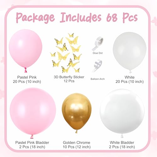 Image of Pink, White and Golden Balloon Garland Kit with Golden 3D Butterfly Decor, 68 Pieces, Perfect for Birthday Decoration, Baby Shower and Party Backdrop