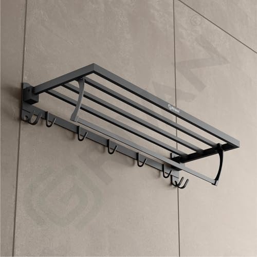 Image of GRIVAN Stainless Steel Towel Holder for Bathroom, 24-inch Bathroom Towel Hanger for Wall with Hooks - Towel Stand in Bathroom (Matte Black Finish)