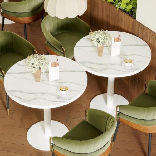 Image of 63 inch Tulip Table, Small Round Dining Table with 1.2 inch Thick Sintered Stone Tabletop and Golden Metal Pedestal Base, Bistro Table for Diner, Bar, Restaurant, kitchen, Bakery,Apartment (Marble Pure White)