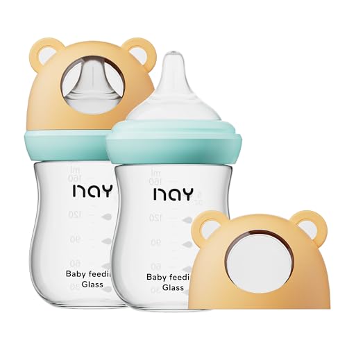 Image of yanyoyo Natural Glass Baby Bottle for Breastfeeding Babies, 5.4oz Anti-Colic Baby Bottle with Natural Response Nipple(S), Clear, Wide Neck, 2 Pack, 1 Months+