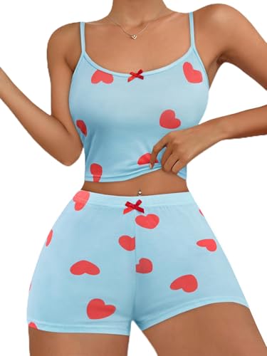 Image of Hilinker Womens Graphic 2 Piece Pajama Set Summer Cute Crop Cami and Shorts Ribbed Lounge Sets