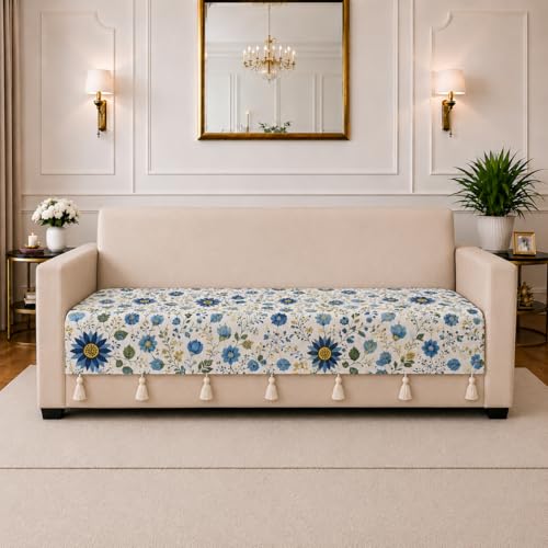 Image of STITCHNEST 'Eden Weaves Collection Series' 1 Seater Sofa Cover|Elegant Woven Fabric, Decorative Tassels, Washable & Durable for Modern Living