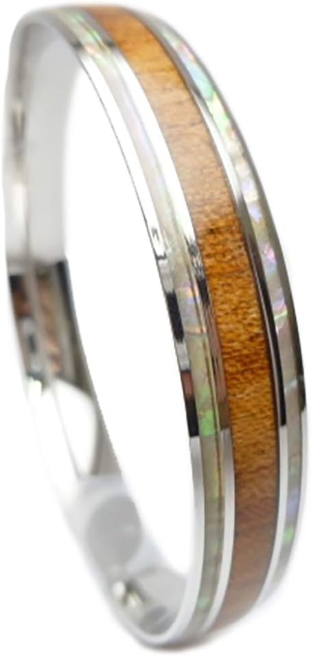 316L Stainless Steel Comfort Fit Natural Koa Wood And White Abalone Paua Shell Stripe Inlay Hawaiian Curved Top Bangle Bracelet (Width: 8mm, 10mm) (Size: 7.5", 8", 8.5")