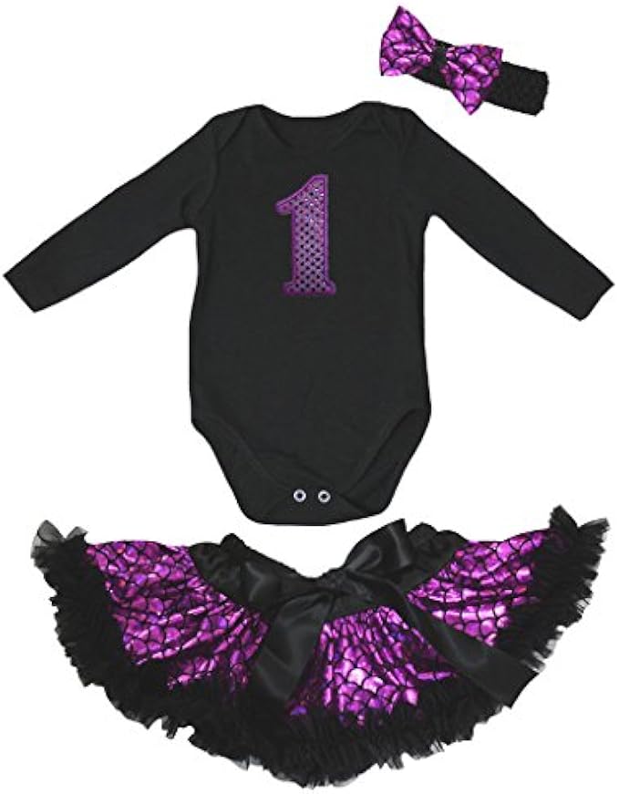 Petitebella Sparkle 1st Number Black L/S Romper Purple Scales Skirt Nb-12m