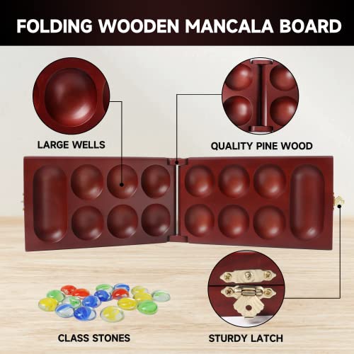 Gse Folding Wooden Mancala Board Game With Multi-Color Glass Stones And Storage Bag, Portable Family Travel Strategy Games Set For Kids & Adults (Mahogany) #TOP1