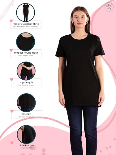 Image of 9shines Label Cotton Plus Size Long T-Shirt Tunic | Hip Covering Regular Top Nightwear| Sleepshirt Lounge wear for Women with Pocket (M-7XL)