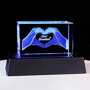 Best Grandma Birthday Gifts Figurines, Engraved 3D Gesture of Heart Crystal Night Light Keepsake from Grandchildren, for Grandmother from Granddaughter or Grandson