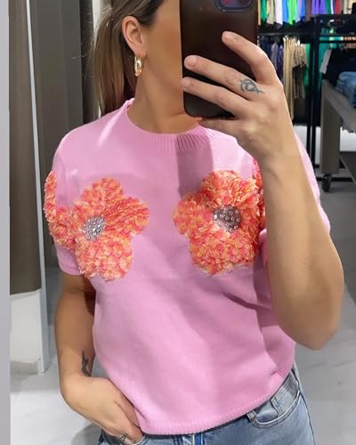 Image of Women Flower Knitted Sweater Elegant Crew Neck Summer Puff Short Sleeved Sweater Pullover Tops Pink, Small