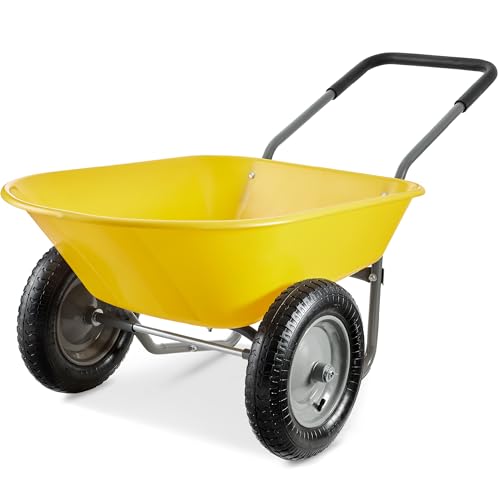 Image of Best Choice Products Dual-Wheel Home Utility Yard Wheelbarrow Garden Cart w /Built-in Stand for Lawn, Gardening, Construction - Yellow