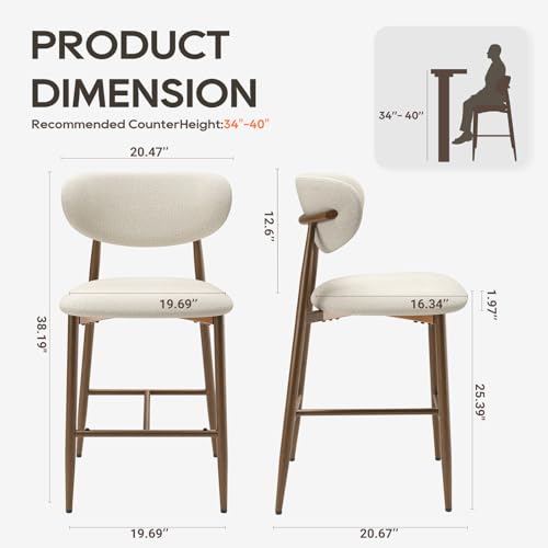 Image of MALOL Bar Stools Set of 2, Counter Height bar stools, Kitchen Bar Stools with Backs, Modern Upholstered, Modern Bar Stools with Metal Legs for Kitchen Island, Counter, Beige