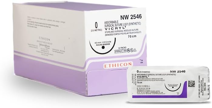 Ethicon NW2345 Vicryl Sutures USP 2-0, 1/2 Circle Round Body | Polyglactin 910 | Synthetic Braided | Violet | 40 mm and 90 cm Suture length | Absorbable | 12/Box