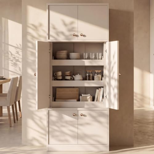 Image of 71 Inch Tall Kitchen Pantry Cabinet with Pull Out Drawers, Modular Concealed Storage Hutch, Expandable Wall System, Heavy Duty Thickened Panels, Freestanding Kitchen Organizer, White