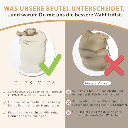 ELES VIDA® - XXL Wäschebeutel 2 Set 70x90cm aus 100% Baumwolle Natur - Extra große Heavy Duty Wäschesack - langlebig, Mit Kordelzug, Reise Wäschesammler Wäschebox Kleidersack Aufbewahrung