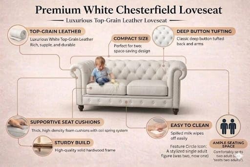 Image of Modern Classic Design Leatherette Luxury Chester Sofa Set with Button Tufted, Sofa for Living Room Home, Office and Lobby (White, 2 Seater Sofa)