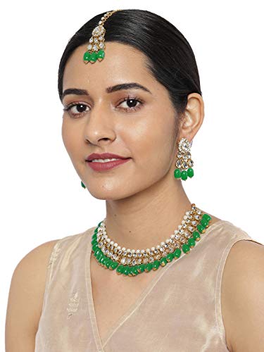 Women's Kundan & Dangling Green Beads Necklace Set