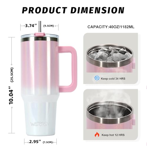 Image of 40 oz Shiny Tumbler with Handle and Straw,Stainless Steel Tumbler with Lid and Straw,Insulated Travel Mug(Cold for 34 Hours),Water Bottle for Iced Tea,Coffee (Pink)
