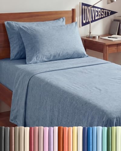 Image of Twin XL 4 Piece Sheet Set - College Dorm Room Essentials - Heathered Blue | Ultra Soft Dorm Bedding Set, 8 inch to 16 inch Inch Deep Pockets, 1 Flat & 1 Fitted Sheet & 2 Pillowcases, Wrinkle & Fade Free