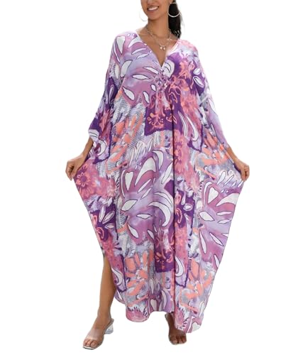 Image of IMAGEKOPE Women's Plus Size Animal Print V-Neck Batwing Kaftan Beach Dress Bathing Suit Cover-Up Loungewear