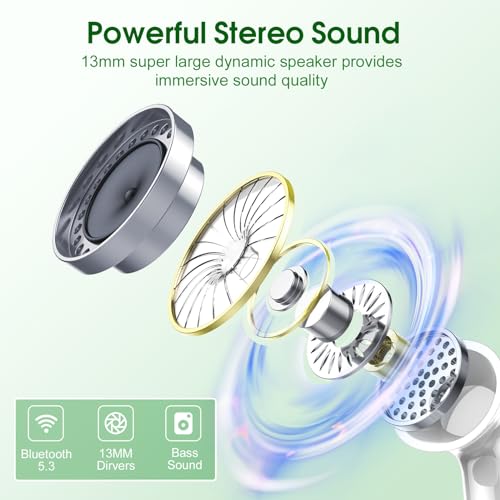 Image of Csasan Wireless Earbuds, Bluetooth 5.3 Headphones HiFi Stereo, 40H Playtime, Wireless Earphones with ENC Noise Cancelling Mic, IPX7 Waterproof Bluetooth Earbuds LED Display, Touch Control, Green