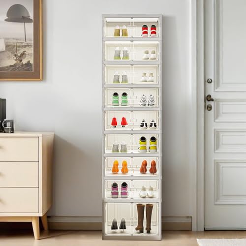 GarveeLife Transparente Schuhregal 9 Ebenen 18 Paare, Faltbares Schuhboxen Stapelbar aus Kunststoff mit Magnetischer Tür, Schuhschrank für Stöckelschuhe, Stiefeletten, Pumps, 45x35.1x167.6cm