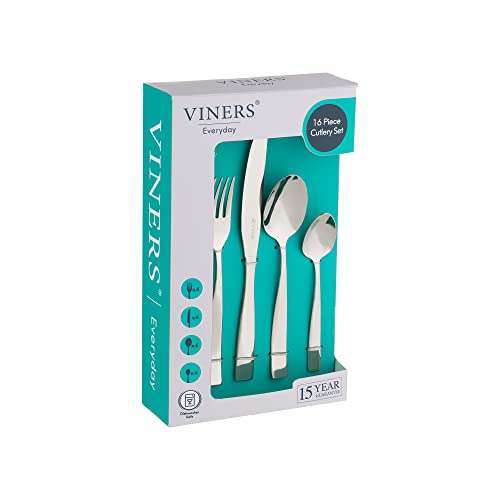 Viners Everyday Purity Cutlery Set | 18/0 Stainless Steel | Set of 16 Pieces | Silver Mirror Finish | Serves 4 | Dishwasher Safe | Gift Box