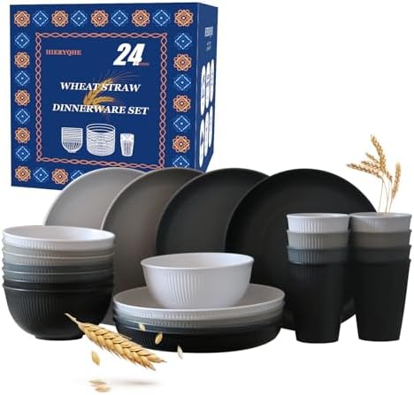 24pcs Wheat Straw Dinnerware Sets For 8, Unbreakable Plates and Bowls Wheat Straw Dinnerware Microwavable Cups Plates and Bowls Sets Shatterproof For Outdoor Kitchen Camping