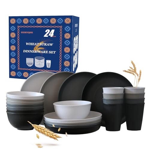 24pcs Wheat Straw Dinnerware Sets For 8, Unbreakable Plates and Bowls Wheat Straw Dinnerware Microwavable Cups Plates and Bowls Sets Shatterproof For Outdoor Kitchen Camping