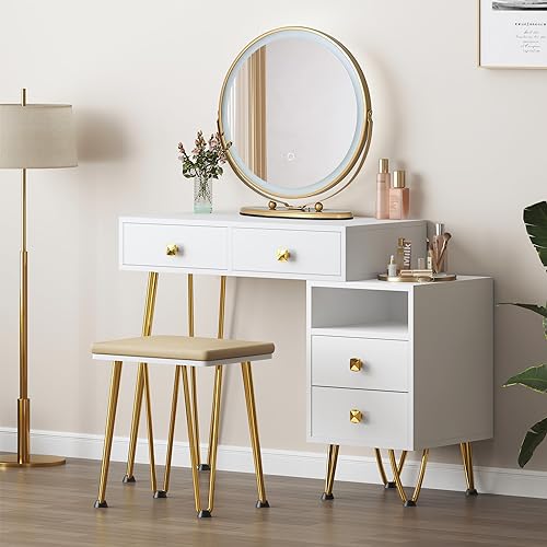 SDHYL Vanity Desk Set,Vanity Desk with Mirror and Lights,Makeup Vanity with Circular Swivel Mirror,White Dressing Table with Lots Storage, 3 Lighting Modes,Soft Cushioned Stool for Bedroom,Big