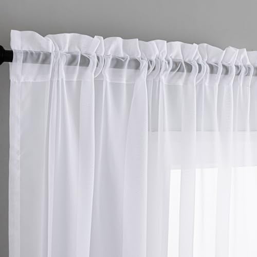 Image of Sheer White Curtains, Sheer Curtains 63 inch Length 2 Panels Set, Rod Pocket Voile Fimly Sheer Drapes for Living Room /Bedroom, Light Filtering Curtain for Small Window 2pcs, Each 52 inch W x 63 inch L