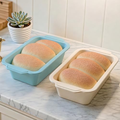 Toeusog Nonstick Silicone Bread Loaf Pan: 9.5 x 5 Inch Bread Pan for Homemade Rye with Metal Frame - Loaf Mold for Baking Oven - Housewife Baker Home Baking Enthusiasts (Beige & Mint Green)