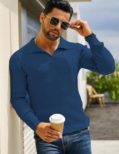 Image of DENIMHOLIC Men's Cotton Full Sleeve Collar Polo Sweater for Men, Rib Knitted Sweaters for Men Winter Sweater for Man