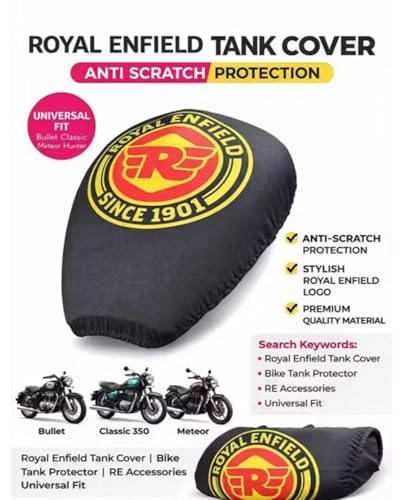 Image of Arhaan Art Modification Bullet Meteor Petrol Tank Cover Black,Universal FIT Stretchable Fabric, Since 1901 Logo