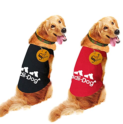 Image of Sage Square Set of 2, Comfort Cotton Dog T-Shirt, Sleeveless Vest for Dog Clothes, Puppy Tank Top Fashion Apparel (Black + Red) (Small - 14Inch)