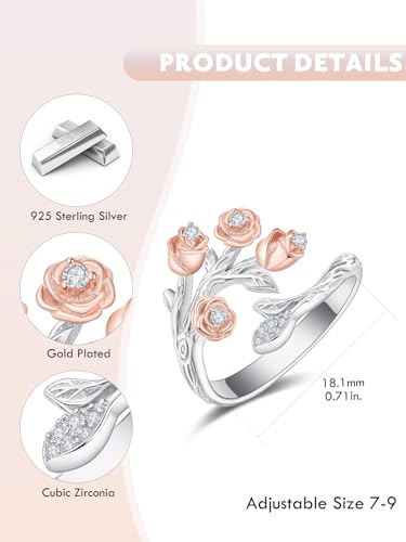 Dreamboat Rose Gold Plated Rings for Women Rose Rings for Women Adjustable Sterling Silver Engagement Wedding Jewelry Flower Gifts3